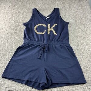 Calvin Klein Womens Romper Size Large CK Logo Gold Sleeveless Navy Blue Jumpsuit